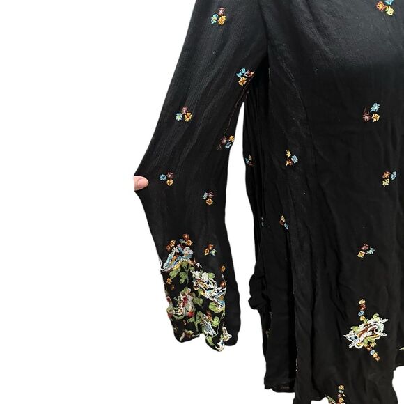 Free People Oxford Embroidered Floral Black Mini Swing Dress Oversized Sz Large - Picture 5 of 8